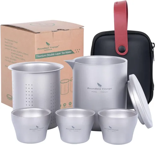 Vista 9 de iBasingo Juego de tetera de titanio de 13.5 fl oz con cubierta de filtro, tetera de doble capa para acampar al aire libre, picnic, senderismo