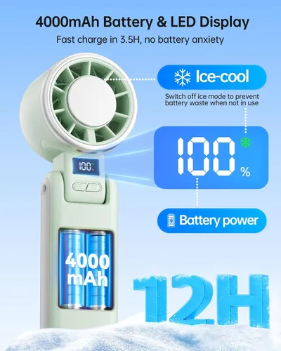Vista 5 de TriPole Ventilador Turbo Portátil de Mano con Enfriamiento de Hielo, Mini Ventilador Plegable de 5 Velocidades con Batería Recargable 3 en 1