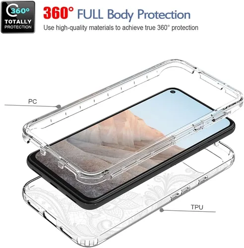 Vista 3 de Funda para Google Pixel 5A 5G con protector de pantalla de vidrio templado, bonito patrón de mandala transparente, funda protectora de cuerpo