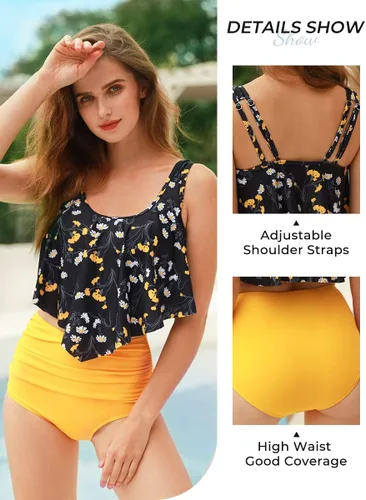 Vista 3 de Summer Mae Women's Tankini Swimsuit Ruffle Flounce Top High Waisted Bottom Bikini Set Tummy Control Bathing Suit