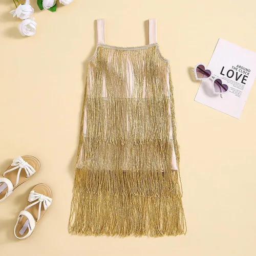 Vista 2 de Vestido de lentejuelas para niños, vestido sin mangas con borlas brillantes, vestido de baile latino para fiesta, vestido de baile latino, 1-6T