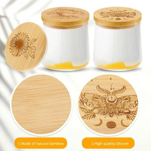 Vista 2 de Tessco for you Juego de 6 tapas para tarros de yogur, madera de bambú para tarros, tapa reutilizable con anillos de sellado de silicona y diferentes
