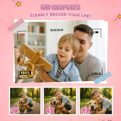 Vista 2 de Cámara Digital para Niños FHD 1080P Cámara Digital para Niños con Tarjeta de 32GB, Pantalla Abatible de 2'' 180° con Soporte para Selfie Vlog Cam