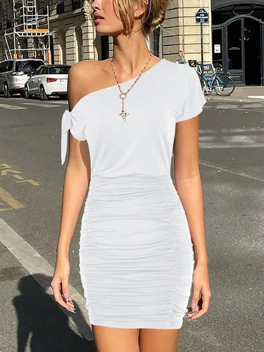 Vista 7 de Vestido corto de manga corta para mujer, con un hombro descubierto, fruncido y fruncido, para club, fiesta