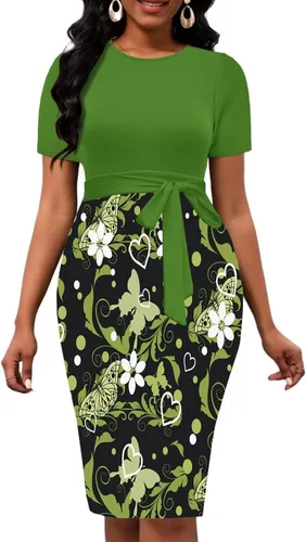 Vista 2 de Nhicdns Vestidos ajustados para mujer, vestido de tubo de trabajo, vestido de fiesta de té, vestido de estampado floral, vestido de cóctel