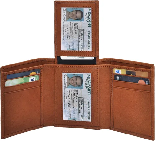 Vista 36 de Cartera de cuero RFID hecha a mano para hombres, elegante cartera de bolsillo frontal triple con 2 ranuras para identificación y 9 tarjetas, Azul