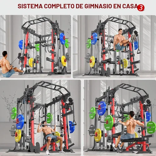 Vista 8 de XGSW Smith Machine Gimnasio en casa, jaula de potencia multifunción con sistema cruzado de cable de polea doble, estante para sentadillas