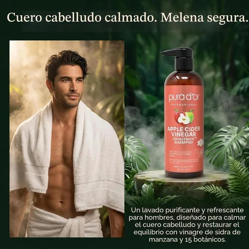 Vista 6 de PURA D'OR Champú Thin2Thick de vinagre de sidra de manzana, biotina, aceite de ricino para reducir el encrespamiento, puntas abiertas, aclarar