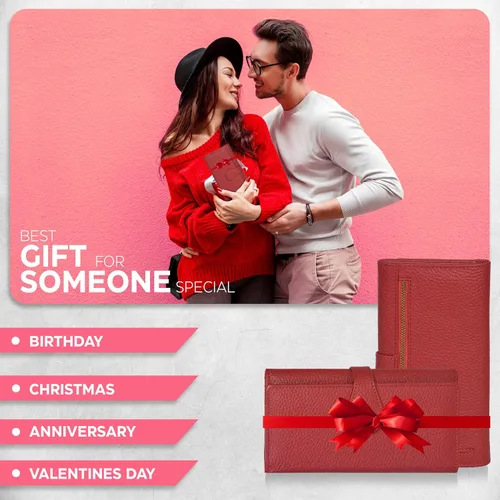 Vista 7 de Cartera de piel auténtica para mujer con bloqueo RFID, tarjetero triple para mujer, con ventana de identificación