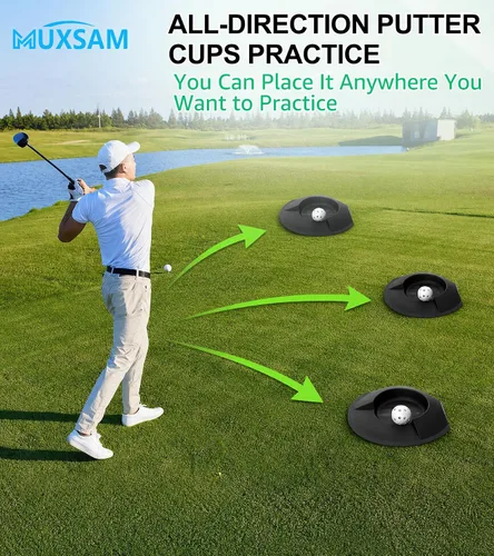 Vista 5 de MUXSAM 6 tazas de putter en todas las direcciones para practicar golf color negro, copa de entrenamiento de golf, agujero de práctica de golf, ayuda