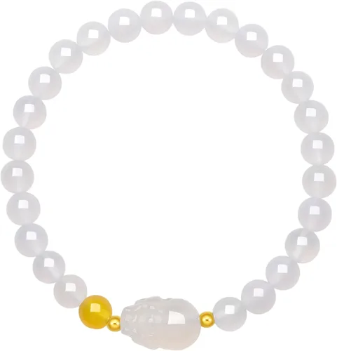 Vista 7 de Pulseras de oro de 18K con cuentas de calcedonia, pulsera con amuleto Pixiu, pulsera elástica natural con cuentas redondas de calcedonia