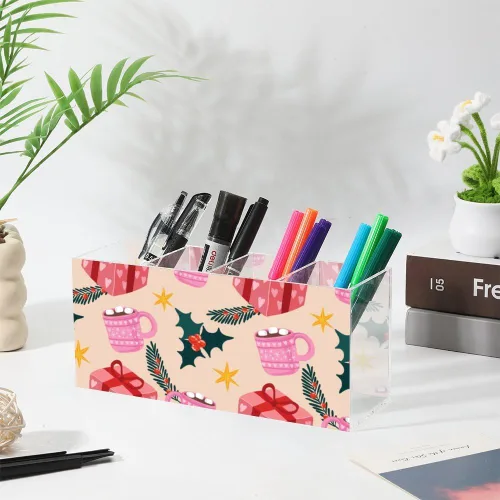 Vista 3 de Cute Christmas Mugs Acrylic Dorm Makeup Brush Holder With 4 Compartments Pen Desk Organizer Makeup Brush Storage Bow Desk Accessories Caddy Pen