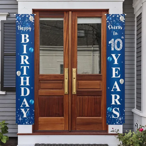 Vista 5 de Cartel de feliz cumpleaños número 10 para puerta – Suministros de decoración de fiesta de cumpleaños de "Saludos a 10 años" para hombres y mujeres