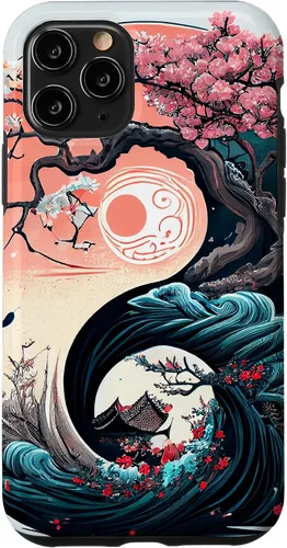Vista 28 de Funda para iPhone 11 Pro Max Yin Yang Cherry Blossom Bonsái y Great Wave
