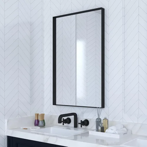 Vista 9 de VocalStar - Espejo de baño negro de 16 x 24 pulgadas para pared, espejo rectangular de esquina cuadrada con marco de metal negro para tocador