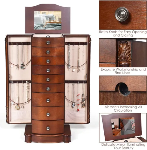 Vista 6 de GOFLAME Armario de joyería con espejo abatible superior, organizador de almacenamiento de joyas con 2 puertas laterales, 8 cajones, joyero (nogal)