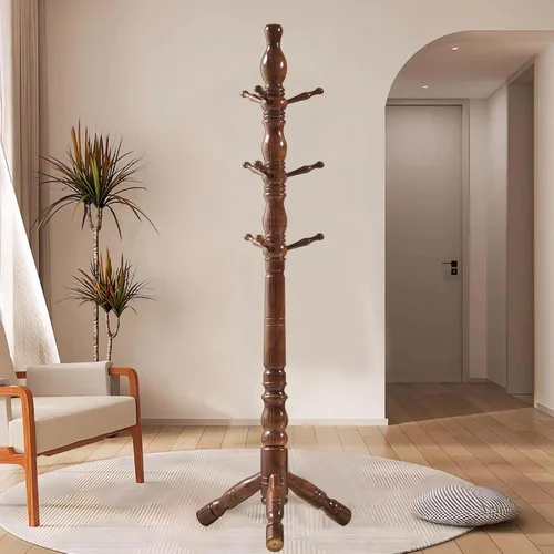 Vista 4 de Perchero de madera natural con 3 opciones de altura y 9 ganchos, fácil de montar, árbol de pasillo independiente para el hogar, oficina, entrada