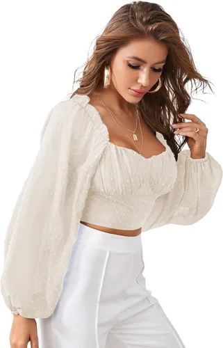 Vista 3 de LYANER Blusa corta de manga larga con cuello cuadrado y lunares suizos para mujer