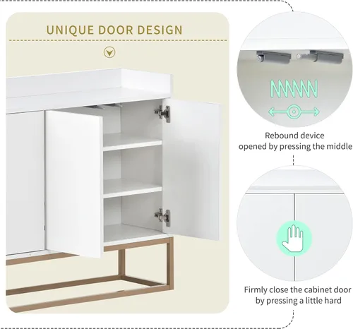 Vista 7 de Aparador moderno de gran espacio de almacenamiento con puerta de ratán artificial, mesa de consola con 4 puertas y estante ajustable, mesa de Blanco