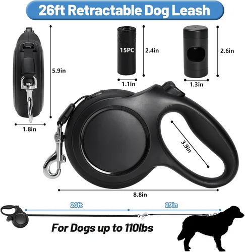 Vista 2 de Correa retráctil resistente de 26 pies para perros grandes, correa de perro con soporte para bolsa de excrementos, hasta 110 libras, cable a prueba