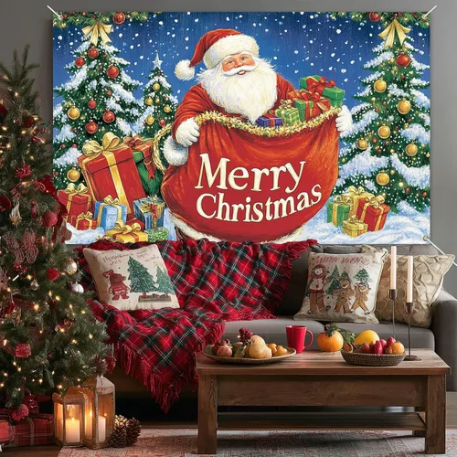 Vista 4 de HOMETITUTE Cartel de Feliz Navidad de Papá Noel de 71 x 43 pulgadas, telón de fondo navideño con bolsa de regalo y árbol de Navidad para interiores