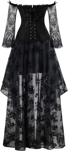 Vista 6 de Kimring Top Corsé Victoriano Steampunk con Hombros Descubiertos para Mujer con Falda de Largo Asimétrico Overbust, Long Sleeves, 12 Plastic Boned