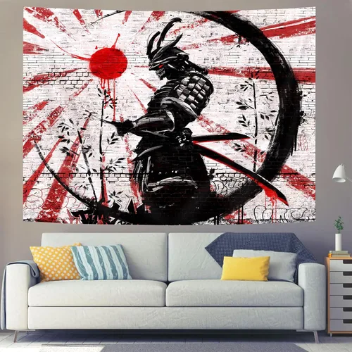 Vista 5 de iTapnoom Tapiz decorativo de arte samurái japonés para colgar en la pared para dormitorio, póster de anime rojo y negro con sol y luna para hombres