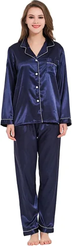 Vista 3 de Conjunto de pijama de seda para mujer, conjunto de pijama de manga larga de dos piezas, conjunto de pijama con botones, ropa de dormir