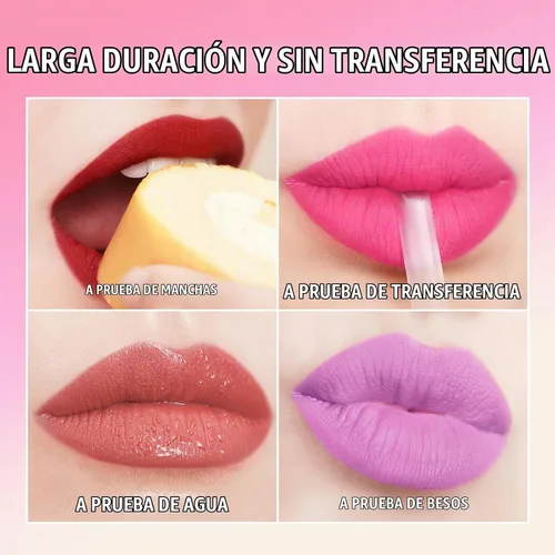 Vista 5 de Oulac Lápiz labial mate rosa para mujeres, lápiz labial líquido duradero de color rosa intenso, color de labios de alto impacto con cobertura total