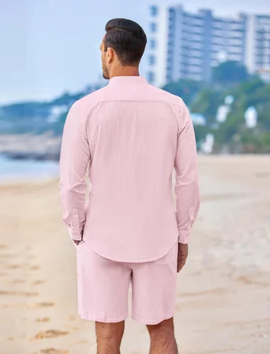 Vista 2 de COOFANDY Conjuntos de lino para hombre, 2 piezas, camisa de manga larga y pantalones cortos casuales con cordón en la cintura, trajes de verano