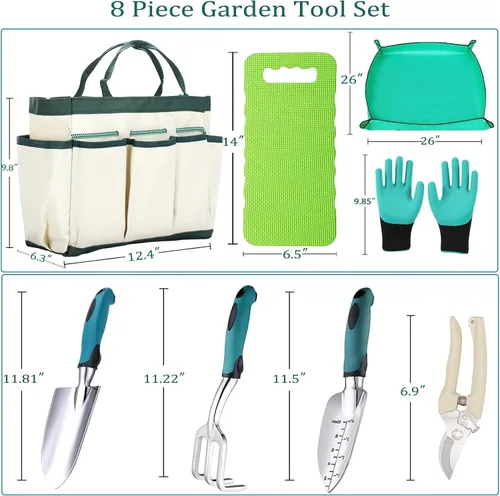 Vista 4 de Juego de 8 herramientas de jardinería resistentes con bolsa de mano, herramientas manuales de jardinería de aluminio a prueba de óxido con agarres