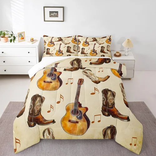 Vista 2 de Castle Fairy Juego de edredón de botas de vaquero, tamaño individual, juego de ropa de cama bohemio con guitarra musical para niños y niños