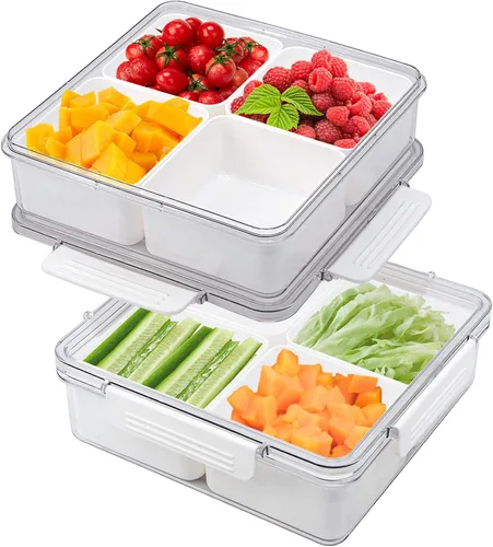Vista 10 de Paquete de 3 Cajas Snackle Divididas Bandeja para Servir Verduras con Tapa Conservador de Ensaladas con 4 Cajas Removibles Contenedores