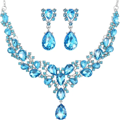 Vista 26 de Hicarer Conjunto de joyas de cristal en forma de lágrima nupcial para mujer, collar, aretes, boda Negro