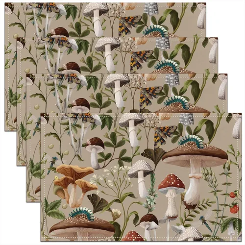 Vista 21 de Juego de 4 manteles individuales con diseño de hongos salvajes, acuarela, plantas naturales, decoración de plantas, para niños, adolescentes