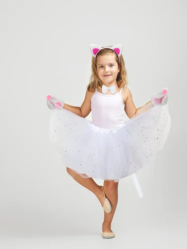 Vista 4 de Eurzom Juego de 2 disfraces de gato para niños, incluye diadema de orejas de gato, falda tutú, corbatín, guantes, cola de niña, cosplay