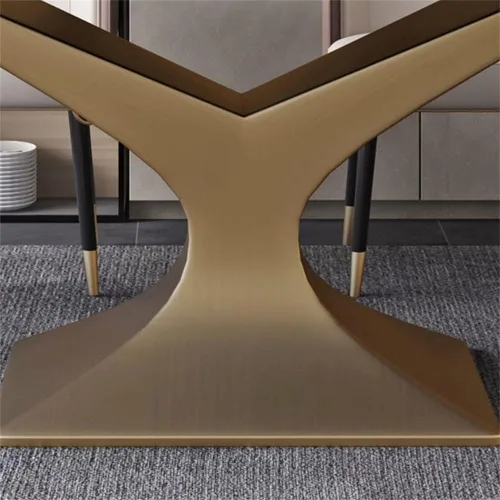 Vista 8 de LAKIQ Mesa de comedor rectangular moderna de estilo lujoso, mesa de cocina de piedra sinterizada, mesa de pizarra con pedestal de bronce para Negro
