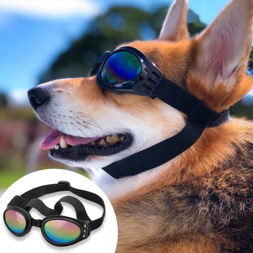 Vista 7 de Anteojos de perro Qumy, protección ocular, anteojos de sol impermeables para perros de más de 15 libras, Negro