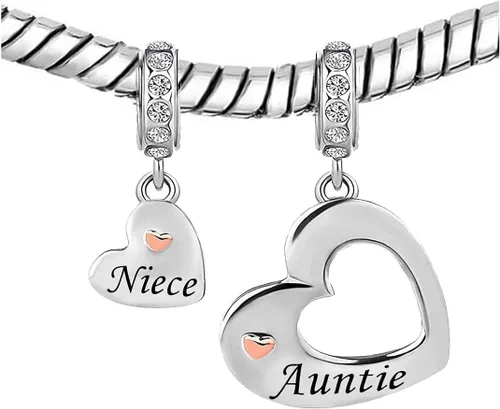 Vista 2 de KunBead Dijes colgantes de cumpleaños de corazón para hermana, madre, hija, hijo, tía, sobrina, compatible con pulsera Pandora para mamá y esposa