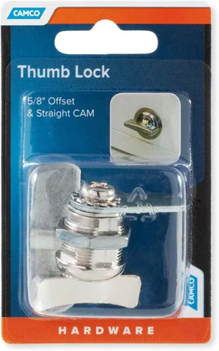 Vista 6 de Camco Candado de leva compensada Presenta un estilo de candado de fácil giro operado con el pulgar, incluye una compensación de 5/8 pulgadas y un