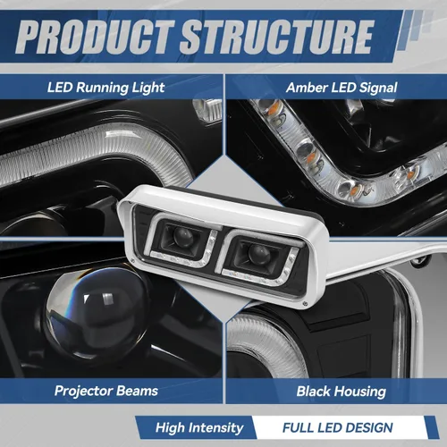 Vista 2 de Auto Dynasty Luces LED DRL para faros delanteros de doble proyector, compatibles con Peterbilt 365 Western Star Kenworth 1981-1991, par negro