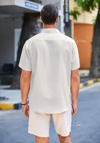 Vista 5 de Coofandy - Camisas casuales de lino para hombre, de manga corta, con botones, para verano y playa