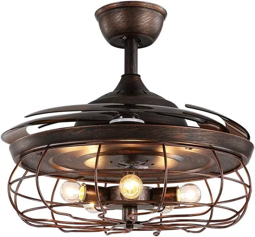 Vista 8 de Ventilador de techo retráctil de 48 pulgadas con luces, lámpara industrial oxidada inversa con control remoto para sala de estar, comedor