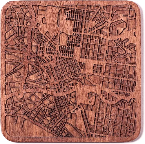 Vista 102 de Posavasos Amsterdam Map by O3 Design Studio, 1 pieza, posavasos de madera Sapele con mapa de la ciudad, hecho a mano, varias ciudades opcionales