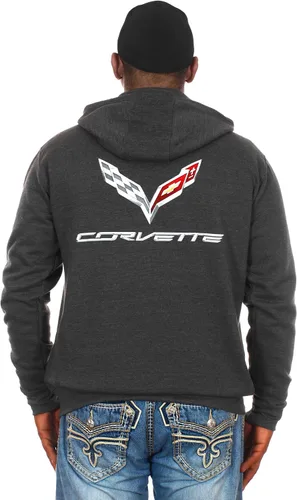 Vista 4 de JH DESIGN GROUP Sudadera con capucha roja con cremallera Chevy Corvette para hombre, emblemas C1 Thru C8