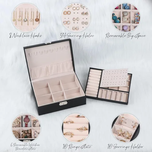 Vista 3 de Joyero para mujeres y niñas, organizador de joyas de 2 capas con cerradura, estuche de almacenamiento de piel sintética con bandeja extraíble