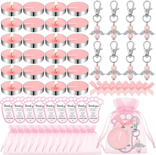 Vista 7 de Landical 50 juegos de regalos de baby shower para invitados, incluyendo 50 velas de té sin perfume, 50 llaveros de ángel, 50 bolsas de regalo, 50