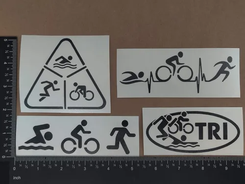 Vista 4 de Paquete de 4 calcomanías de triatlón: Ciclo de natación Correr, TRI, latido del corazón de triatlón (negro, pequeño ~ 3.5")
