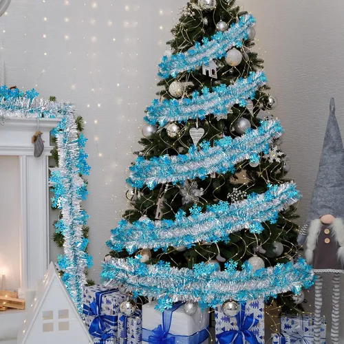 Vista 5 de AnyDesign Guirnalda de oropel de Navidad de 32.8 pies, color azul plateado metálico con copos de nieve para árbol de Navidad, aula, oficina, fiesta