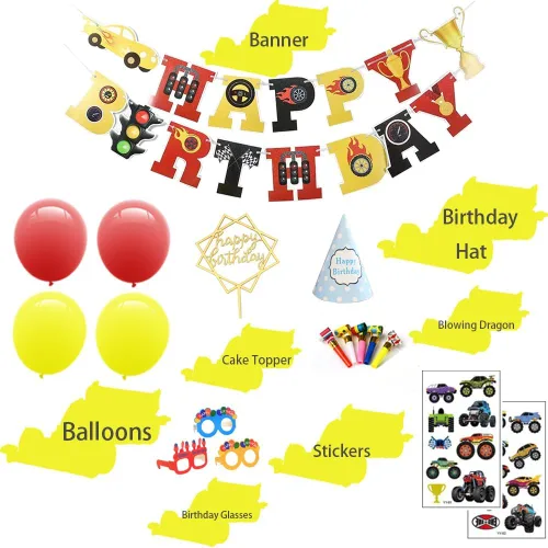 Vista 2 de Suministros para fiestas de carreras, decoraciones de fiesta de cumpleaños para niños, contiene una pancarta de carreras, 6 globos de aluminio, 4